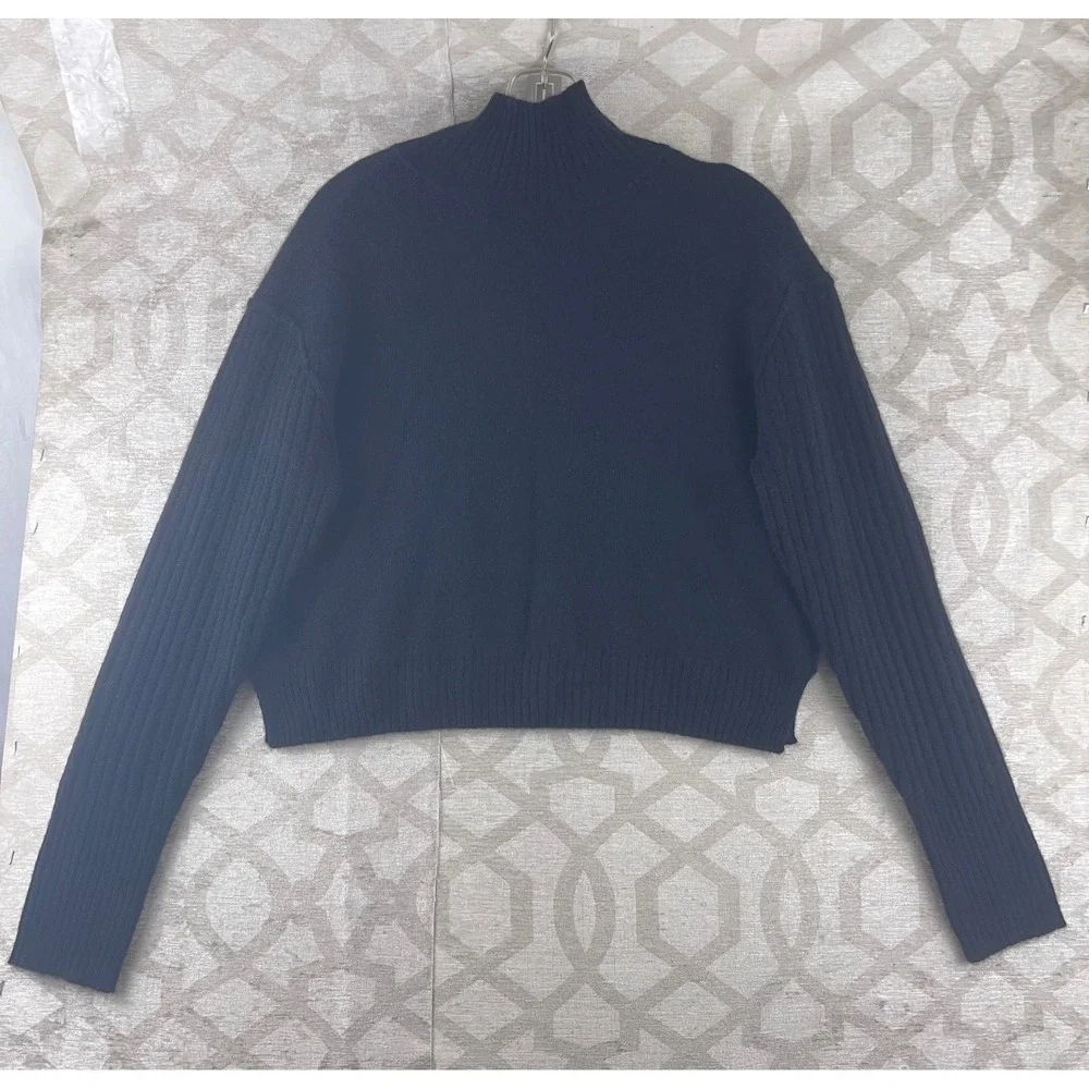 Free People Womens Mock Neck‎ Cropped Sweater Black Ribbed Sleeve XS OB1122851